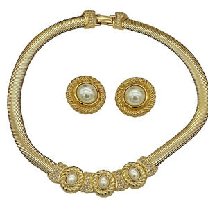 Vintage Christian Dior Earrings & Necklace Set W/ Faux Cabachon Pearl Gold Tone
